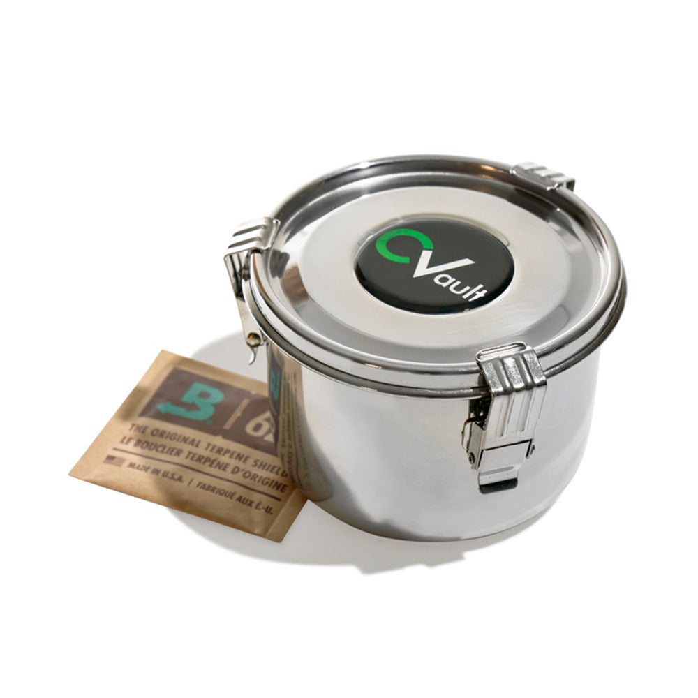 Boveda CVault personal 1oz stainless steel container with terpene shield, white background.