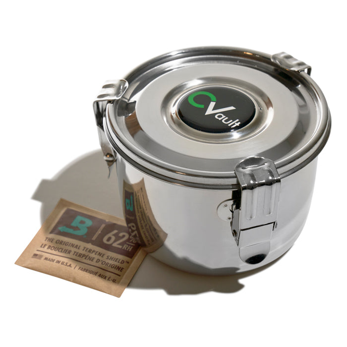 CVault Personal 2oz stainless steel container with Boveda 62% RH humidity pack.
