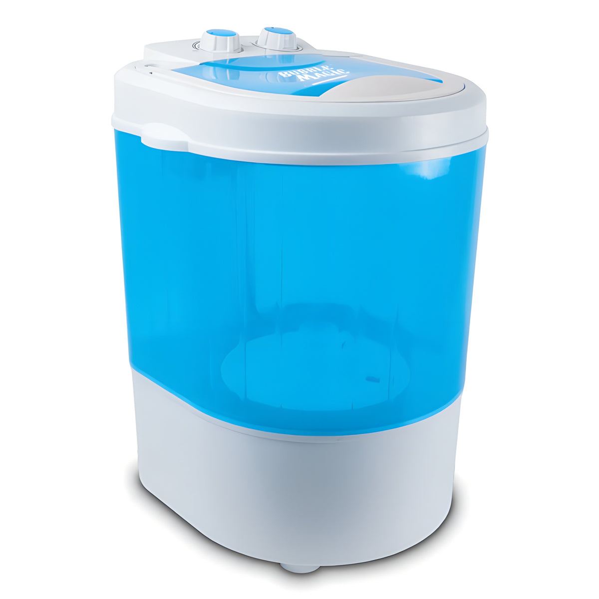 Blue and white Bubble Magic 5-gallon portable washing machine with clear tub.
