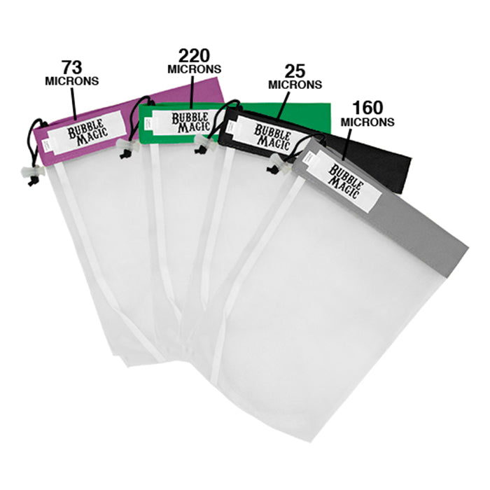 Four Bubble Magic mesh extraction bags in varying micron sizes and colors, laid out on a white background.