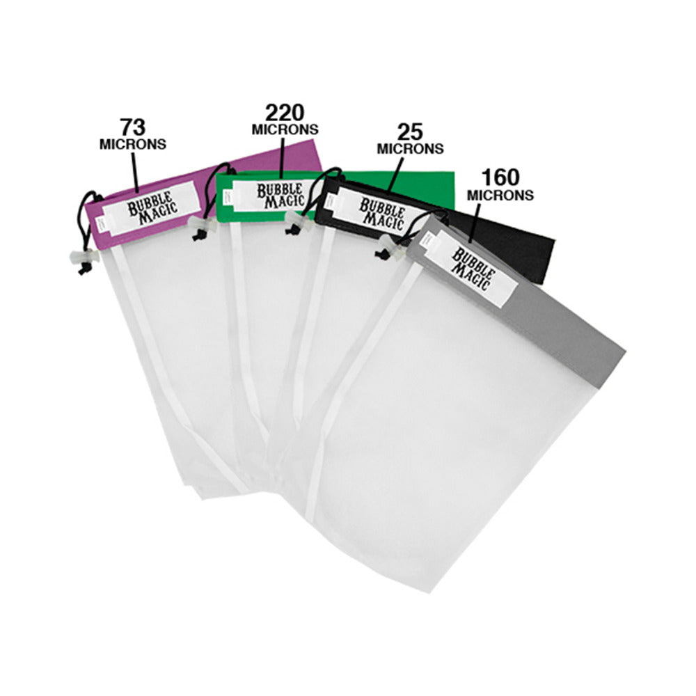 Bubble Magic 4-bag kit of white mesh extraction bags with colored tabs labeled 73, 220, 25, and 160 microns.