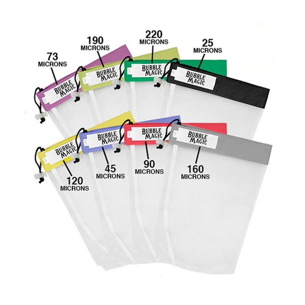 Bubble Magic 32-gallon 8-bag kit of mesh extraction bags, with micron sizes labeled.