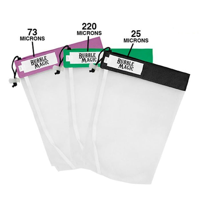 Bubble Magic 5-gallon extraction bags in 73, 220, and 25-micron sizes.