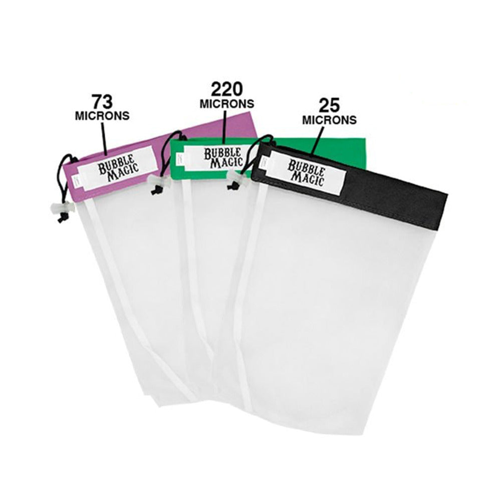 Bubble Magic 5-gallon extraction bags in 73, 220, and 25-micron sizes.