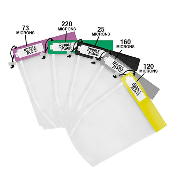 Bubble Magic 5-gallon 5-bag extraction kit with different micron sizes: 73, 220, 25, 160, and 120.