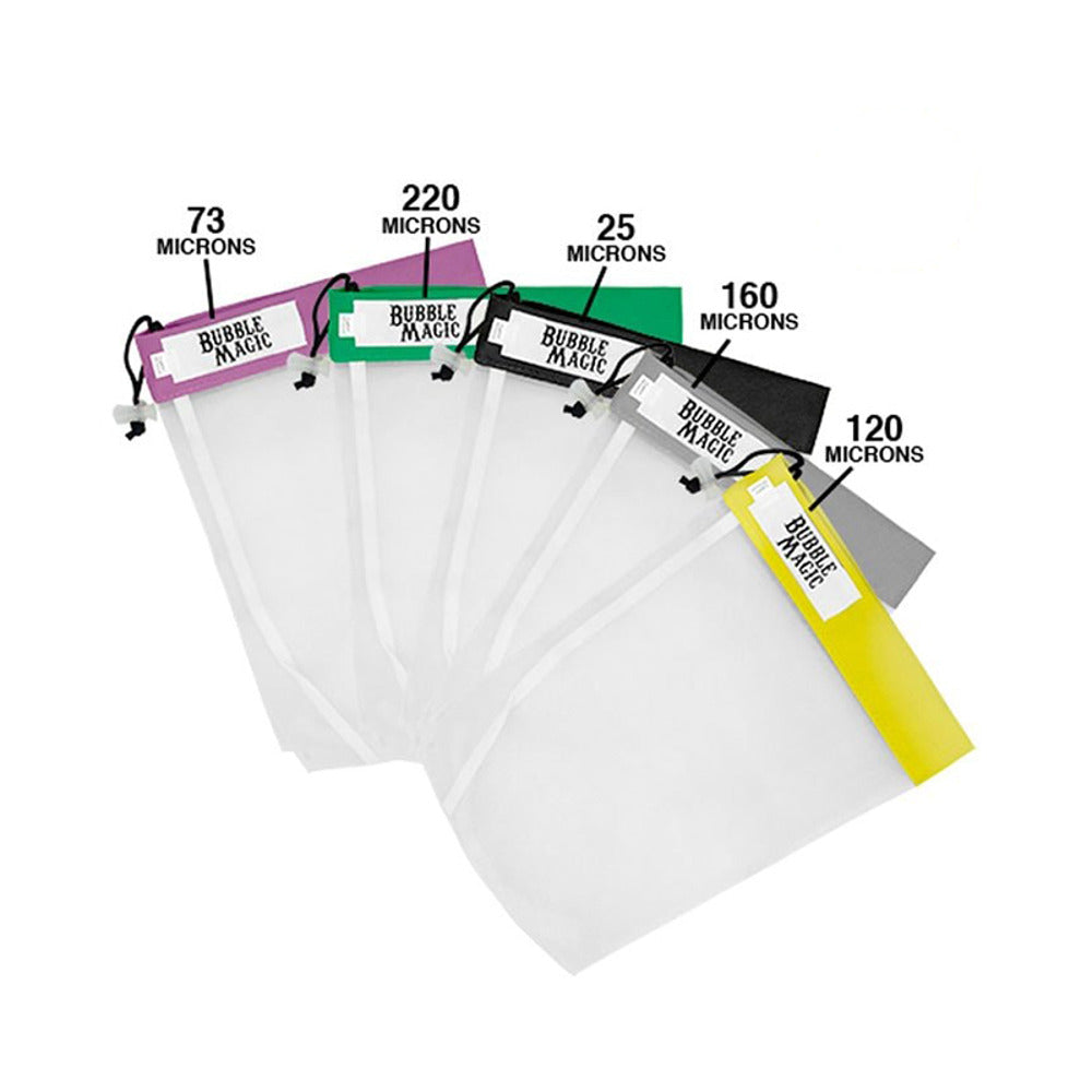 Bubble Magic 5-gallon 5-bag extraction kit with different micron sizes: 73, 220, 25, 160, and 120.