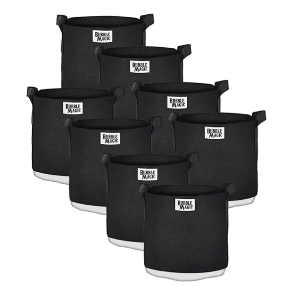 Black fabric grow bags with white bottoms and "Bubble Magic" logos, arranged in a staggered grid.
