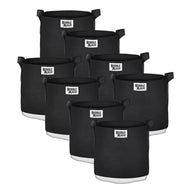 Black fabric grow bags with white bottoms and 