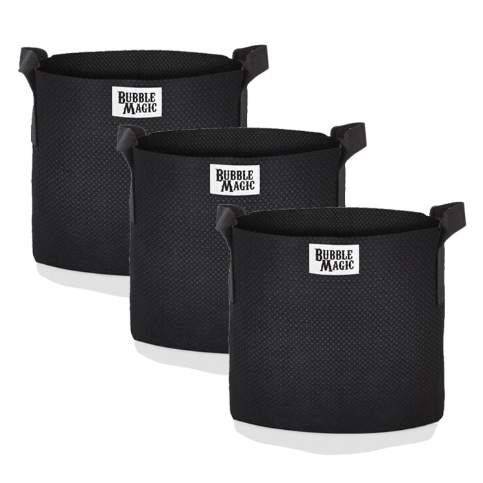 Three black Bubble Magic extraction bags with white logos, staggered and angled.