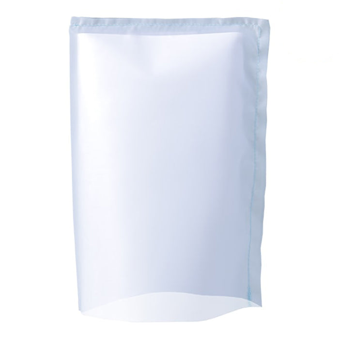 White, rectangular rosin press bag with blue stitching and a slightly curved bottom opening.