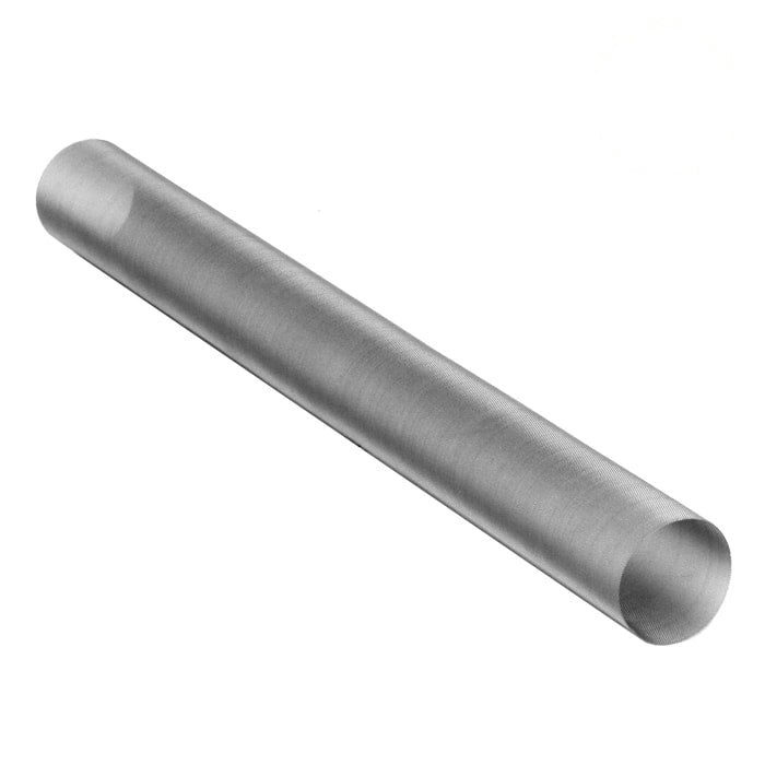 A silver, cylindrical mesh tube lies diagonally on a white background.
