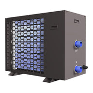 Gray water chiller with hexagonal grill and blue hose fittings labeled 