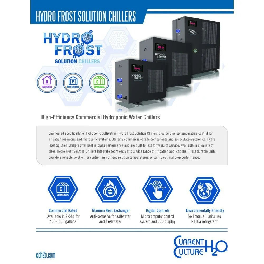 Hydro Frost commercial hydroponic water chillers: 3 units, features include titanium heat exchanger & digital controls.