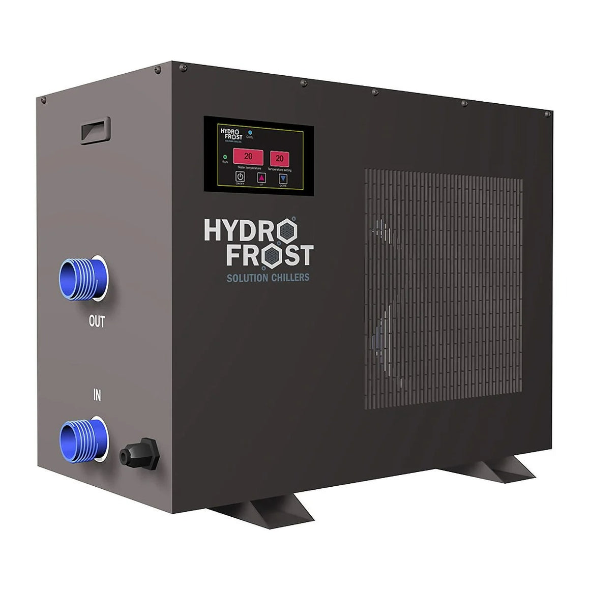 Dark gray HydroFrost water chiller with blue hose connections labeled IN and OUT and a digital display.