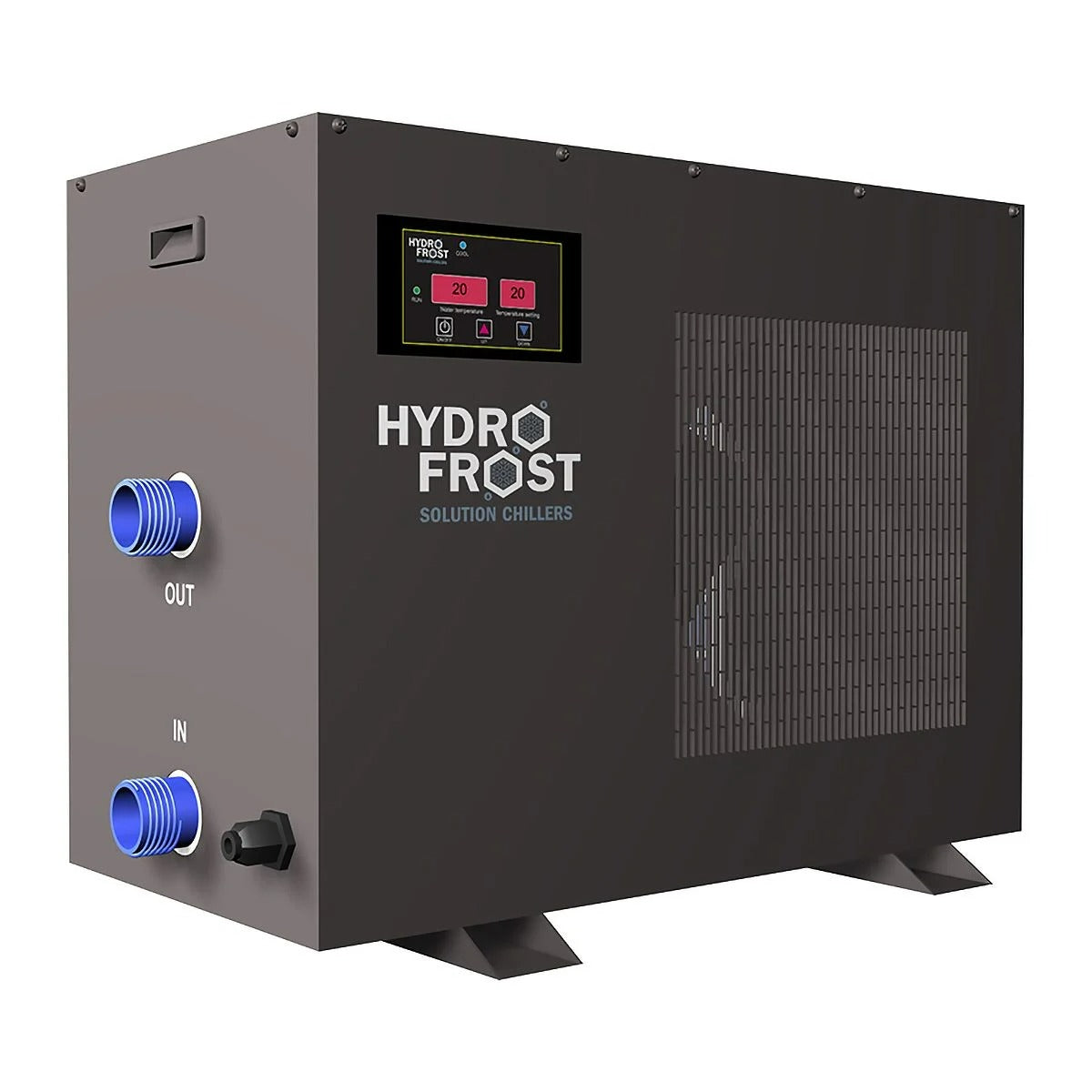 Dark gray HydroFrost water chiller with blue hose connections labeled IN and OUT and a digital display.
