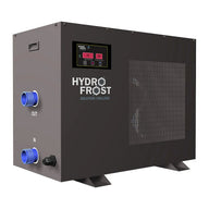 Dark gray HydroFrost water chiller with blue hose connections labeled IN and OUT and a digital display.