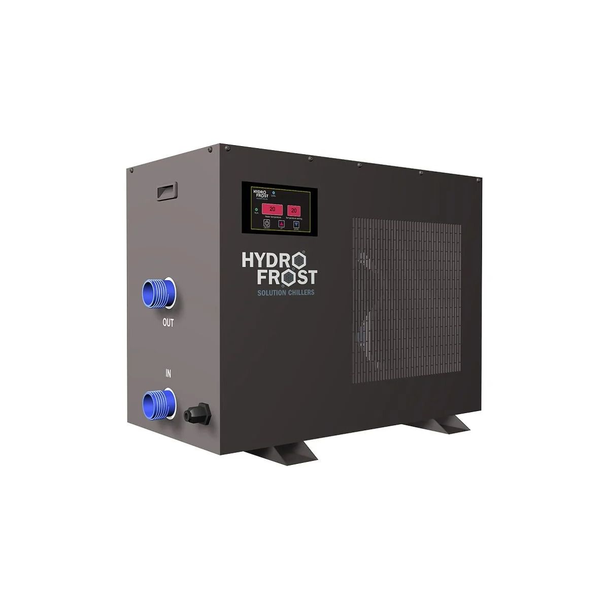 A black Hydro Frost solution chiller with "OUT" and "IN" ports, a digital display, and a ventilation grille.