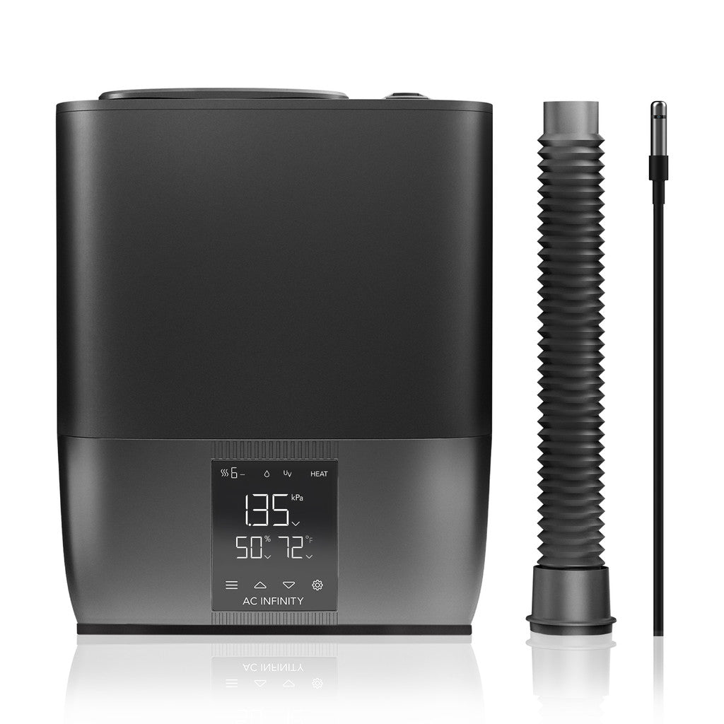 Black and gray AC INFINITY humidifier with digital display showing humidity and temperature, includes a corrugated duct and sensor.
