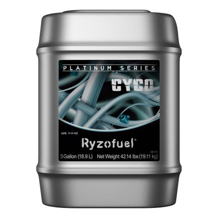 Silver CYCO Platinum Series Ryzofuel 5-gallon jug. Features graphic of interwoven fibers.