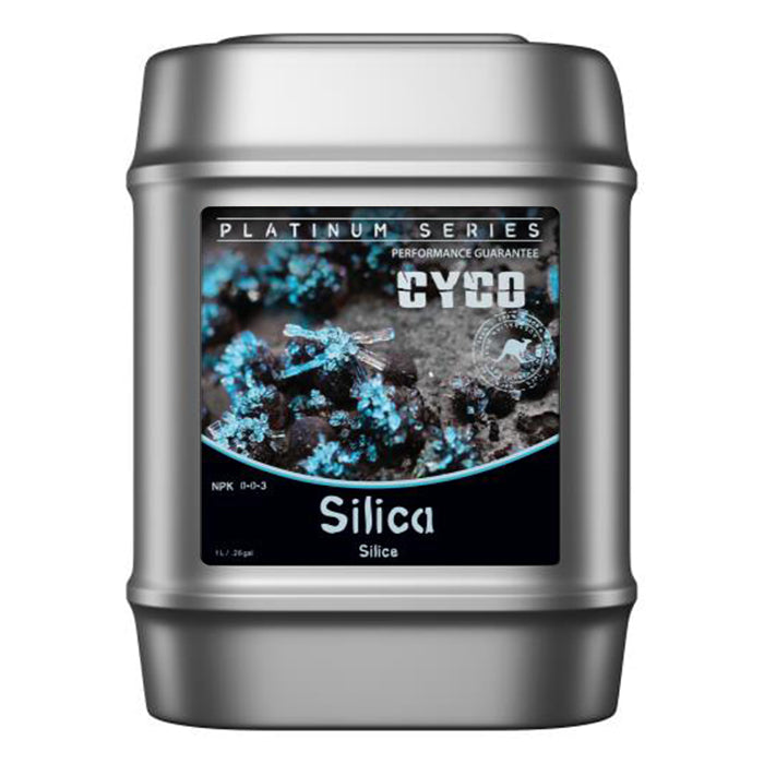 CYCO Platinum Series Silica fertilizer jug, 5-gallon, black and silver, with product details.