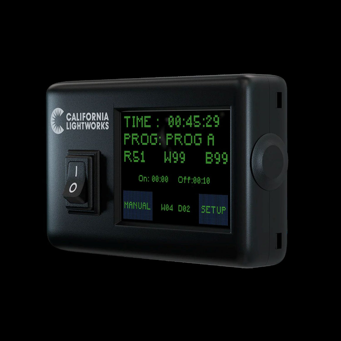 California Lightworks SolarSystem controller with green LED display showing time, program, and setup options.