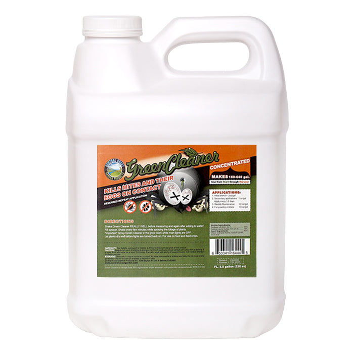 White jug of Green Cleaner concentrate, kills mites and their eggs on contact, label shows plants and insects.