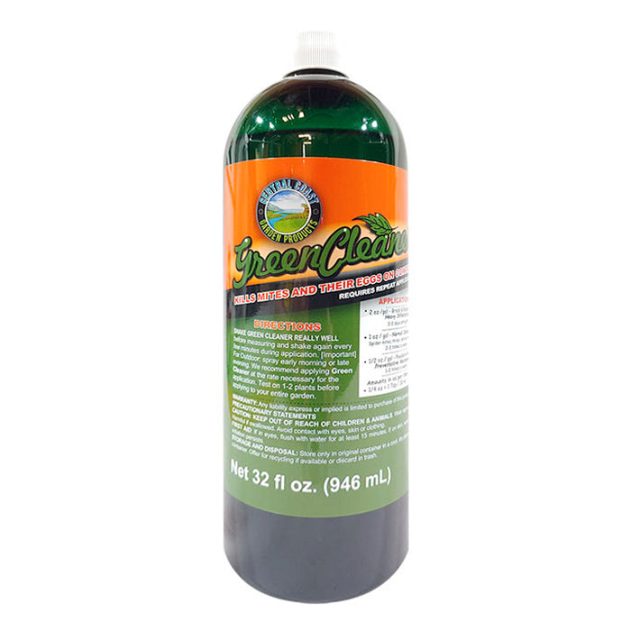 Central Coast Green Cleaner 32 fl oz bottle. Kills mites and their eggs. Includes directions and applications.