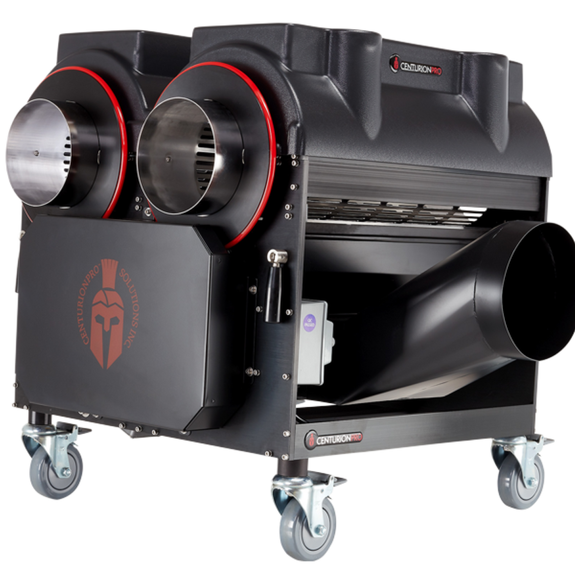 CenturionPro Gladiator wet/dry hybrid bud trimmer with two intake funnels, a black casing, and wheels.