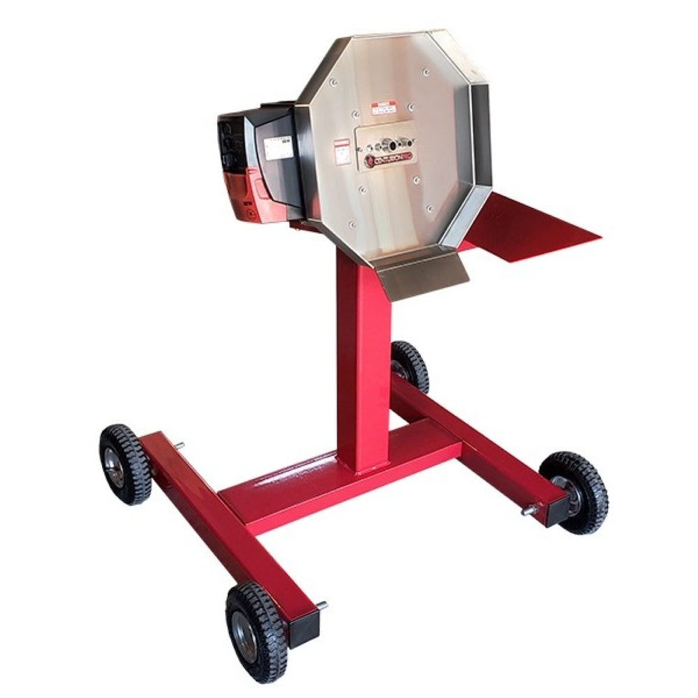 Red hemp bucking machine on wheels with stainless steel hopper.