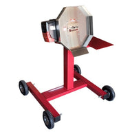 Red hemp bucking machine on wheels with stainless steel hopper.