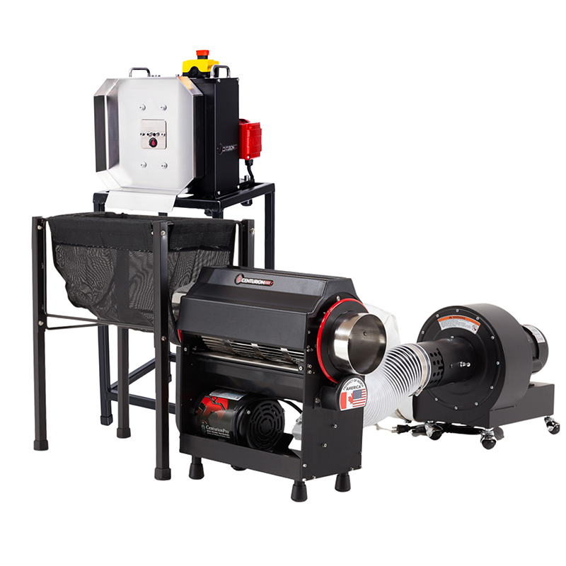CenturionPro tabletop bud trimming and bucking machine bundle with a silver top unit, black drum, and blower.