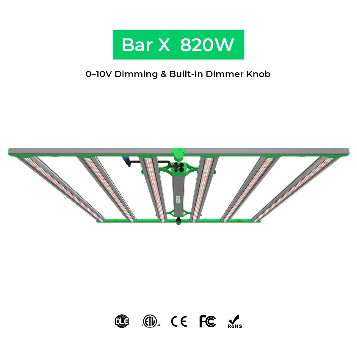 CeresLux Bar X 820W full-spectrum LED grow light with dimming features and certifications.