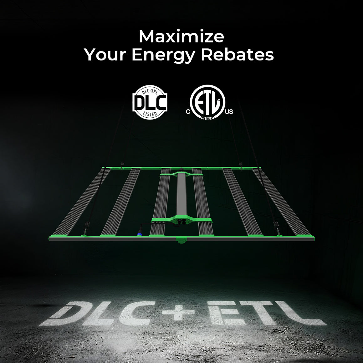 CeresLux Bar X LED grow light, DLC QPL & ETL listed, projected on floor.