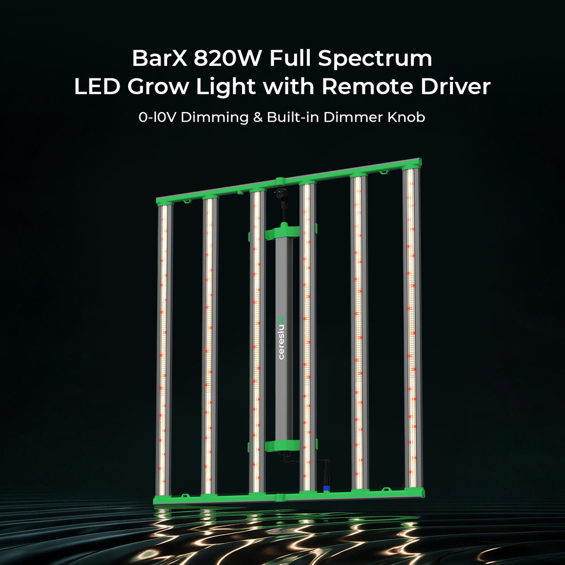 CeresLux BarX 820W LED grow light, full spectrum, remote driver, dimming, dimmer knob.