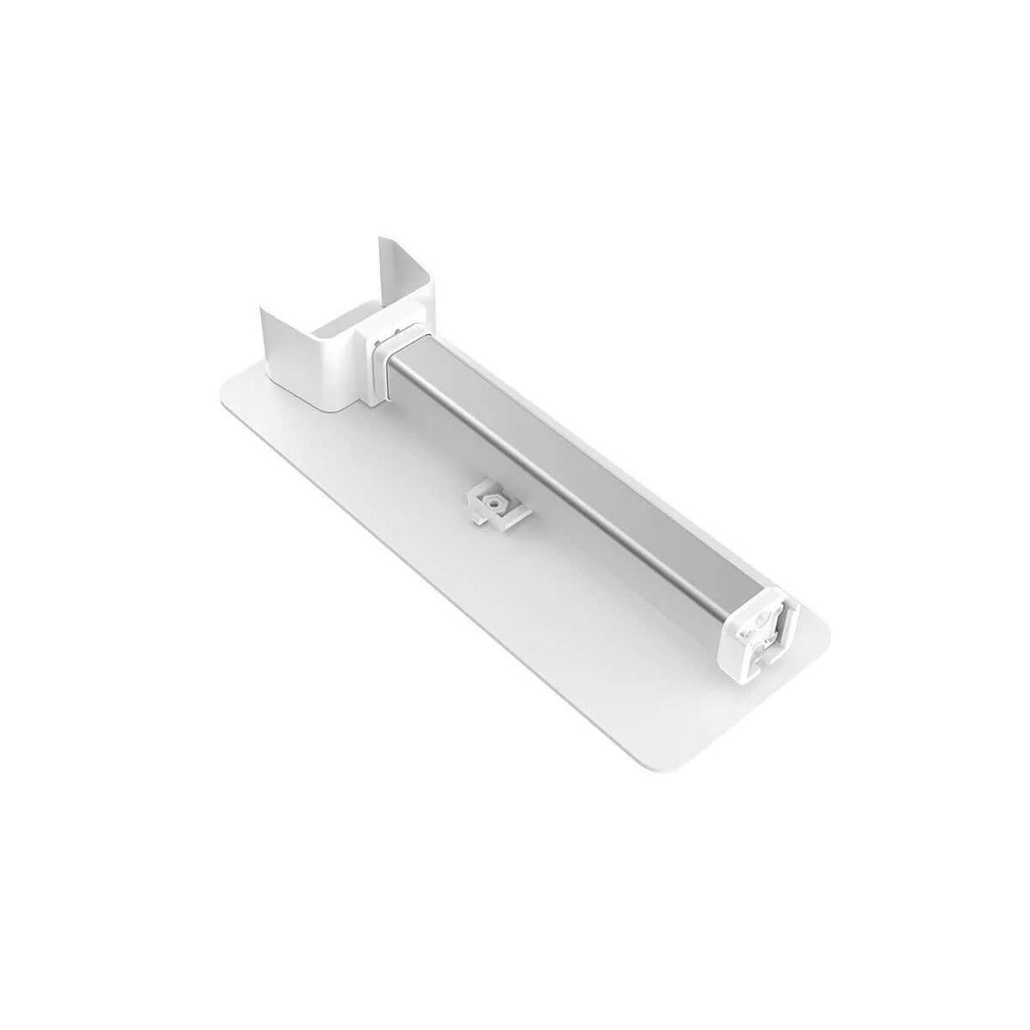 White, U-shaped bracket on a flat base, holding a silver LED grow light.