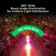 Tomato plants under a 260° wide beam LED grow light, showing uniform light distribution.