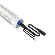 LED grow light with dual light strips and waterproof connectors, showing a close-up of the connection and cables.