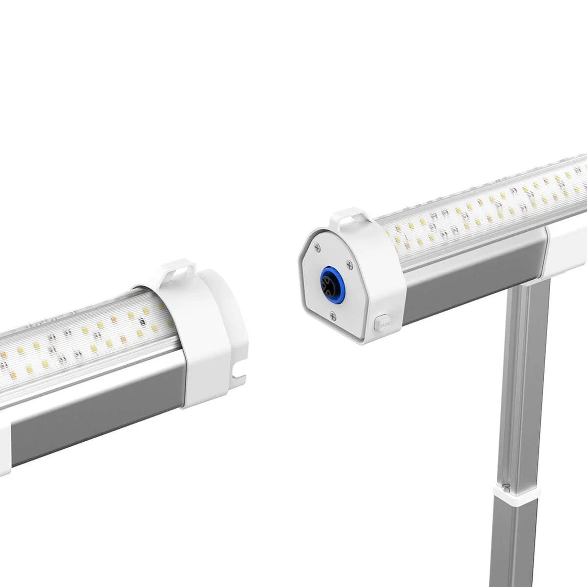 Close-up of two connected CeresLux DeepGrow LED grow lights with visible LEDs and mounting hardware.