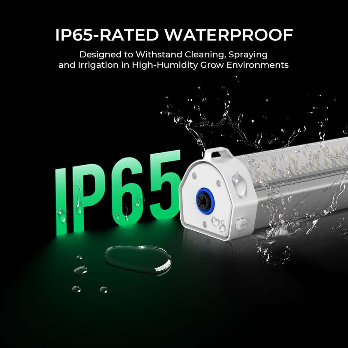 IP65-rated waterproof LED grow light with "IP65" text and water splashing.