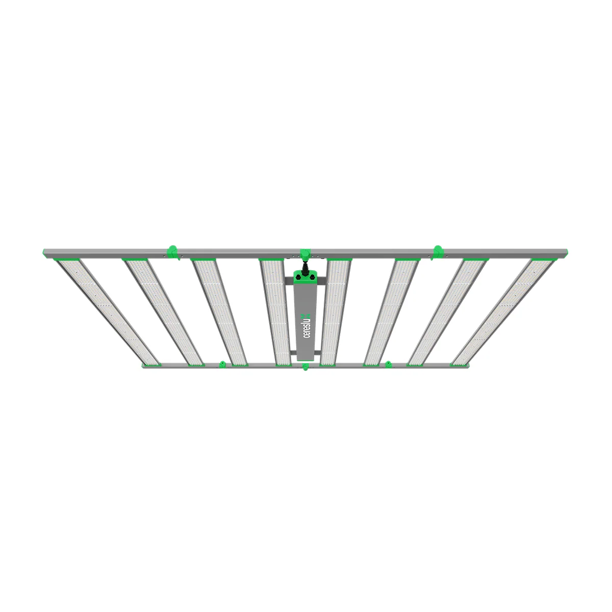 CeresLux Titan 1320W LED grow light, full spectrum, 8 bars, silver frame, green clips.