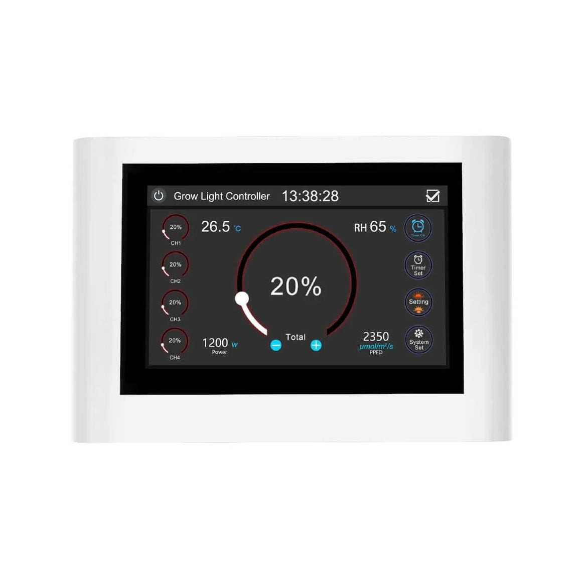 White grow light controller with a touchscreen displaying temperature, humidity, power, and PPFD.