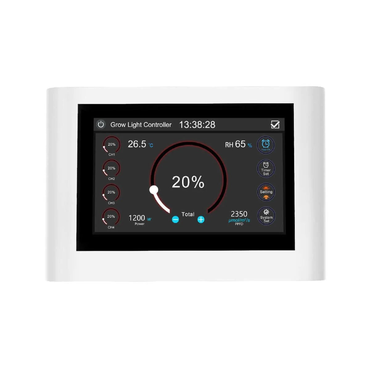 White grow light controller with a touchscreen displaying temperature, humidity, power, and PPFD.