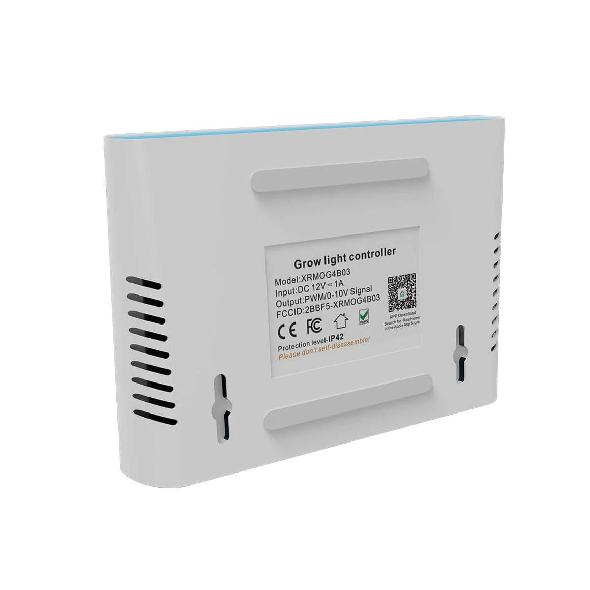 White grow light controller with "Grow light controller" label, model, input/output specs, FCC, CE, and IP42 ratings.