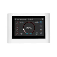 White grow light controller with a touchscreen displaying temperature, humidity, power, and PPFD.