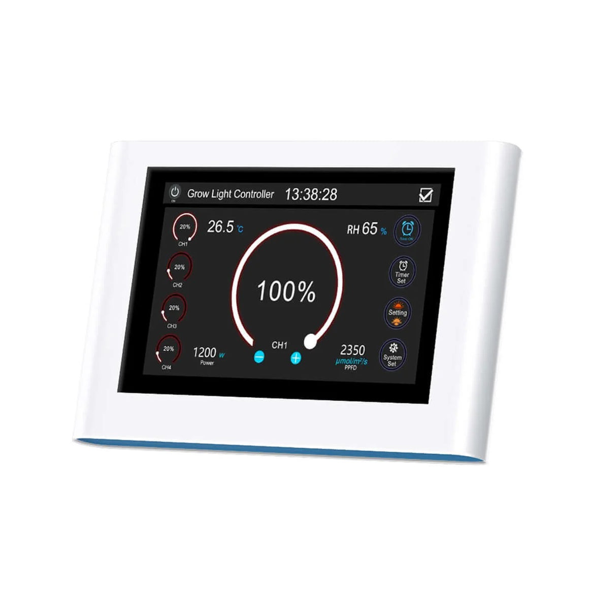 CeresLux WB01 LED Grow Light Controller with touchscreen, displaying temperature, humidity, power, and settings.