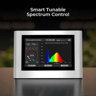 CeresLux LED grow light controller displays spectral power distribution curve, time, and temperature.