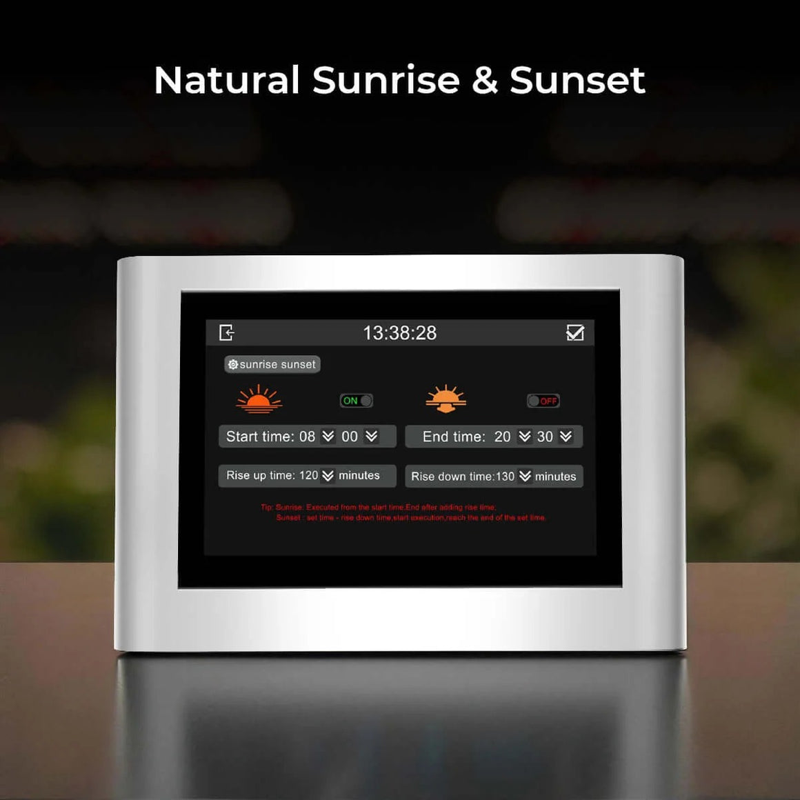 LED grow light controller displaying natural sunrise & sunset simulation settings.