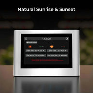 LED grow light controller displaying natural sunrise & sunset simulation settings.