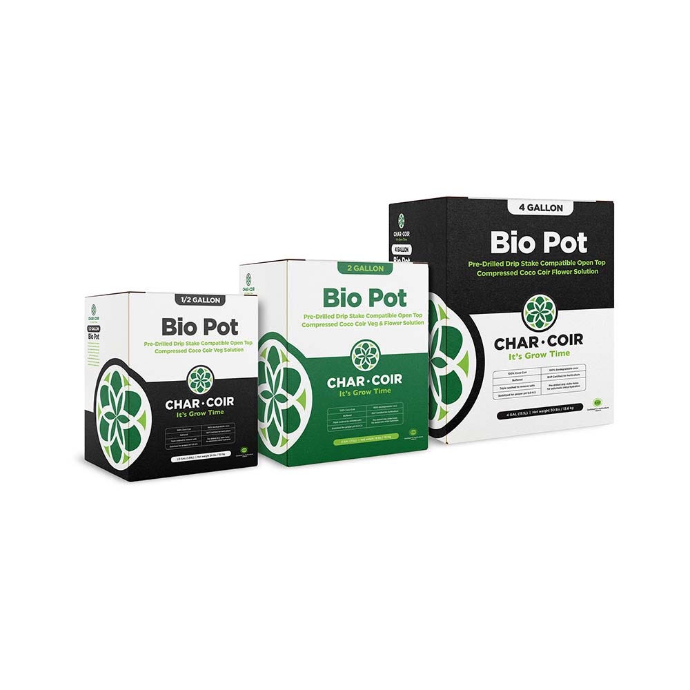 Char-Coir Bio Pot compressed coco coir solutions in 1/2, 2, and 4-gallon sizes.