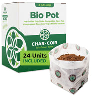 Char·Coir Bio Pot 2-gallon grow bags, pre-drilled drip stake compatible, 24 units included, with coco coir.